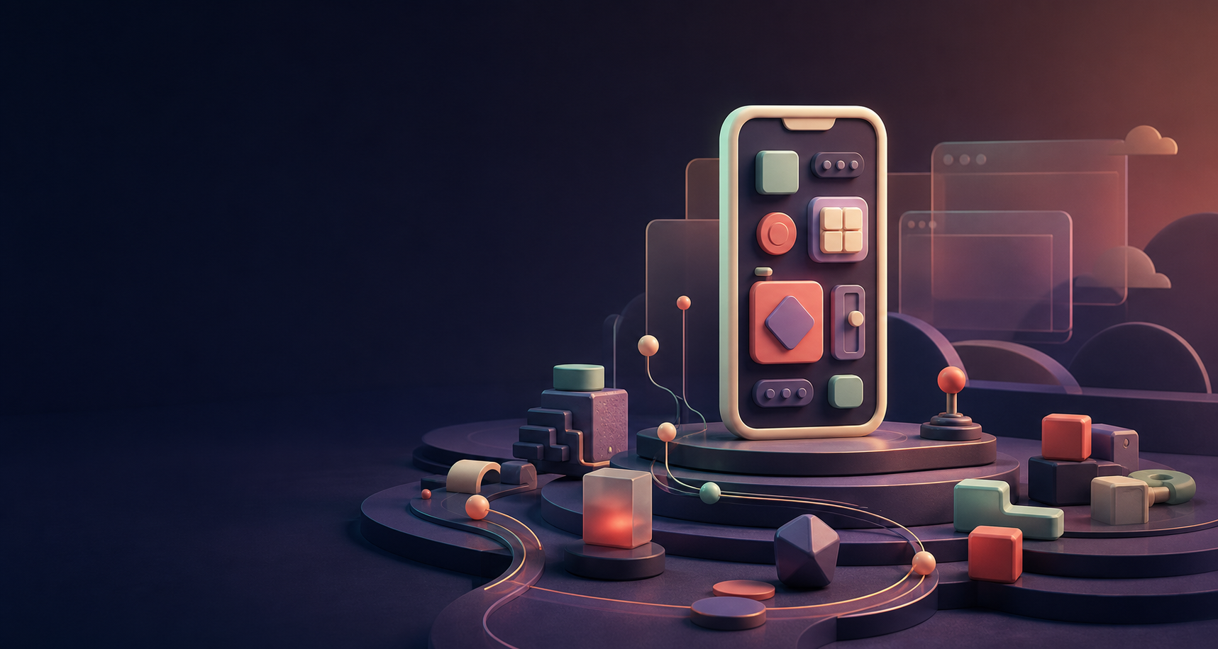A sculptural mobile device surrounded by playful game pieces and connected creative tools